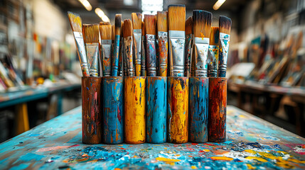 Artistic workspace with paintbrushes in vibrant colors and textures