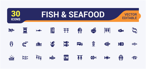 Fish and seafood solid icons set. Filled web symbol bundel. Outline icons collection. Simple vector illustration.