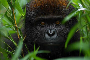 striking gorilla peering through lush green foliage, showcasing its intense gaze