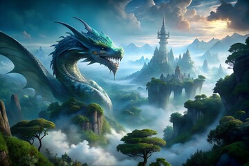 Naklejka premium Majestic dragon in a misty fantasy landscape with towering mountains and a mystical castle in the distance, creating an epic and enchanting scene