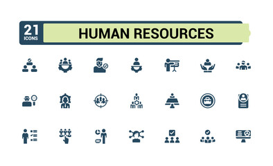 Human resources icons set in solid style. Containing employee, work, business, industry, hr, cycle economy. Filled concept icon. Simple flat vector.