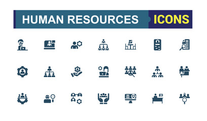 Human resources icons set in solid style. Containing employee, work, business, industry, hr, cycle economy. Filled concept icon. Simple flat vector.