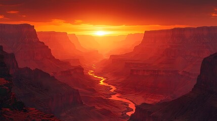 Fototapeta premium A breathtaking view of a canyon at sunset, showcasing vibrant orange and red hues illuminating the landscape, creating a serene and majestic atmosphere.
