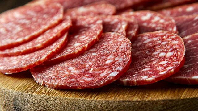 Thinly sliced salami sits on a wooden cutting board