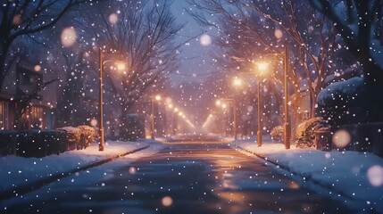 The snow is falling in the evening, the street lamp is shining brightly, and there's no one around