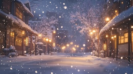 The snow is falling in the evening, the street lamp is shining brightly, and there's no one around