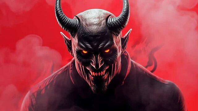 A devil with horns and glowing eyes stares menacingly against a red, smoky background