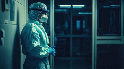 Healthcare Professional in Full Protective Suit Standing Before Isolation Room Door – Emphasis on Safety Protocols and Readiness in Contagion Control