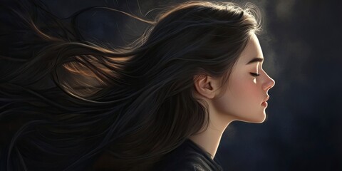 Fototapeta premium Photorealistic portrait of a young woman in right-facing profile view, eyes closed, with long flowing dark hair dramatically billowing behind her. Soft,generative ai
