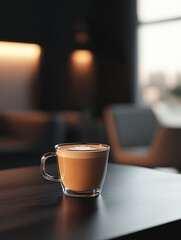 Modern Luxury Coffee Scene: Close-Up of Half-Filled Coffee Cup with Light Brown Milk Tea on Elegant Table, Minimalist Background and Soft Lighting