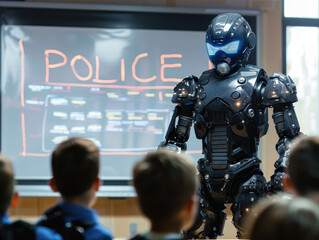 AI Humanoid Police Robot Teaching a Class showing the Future of Law Enforcement