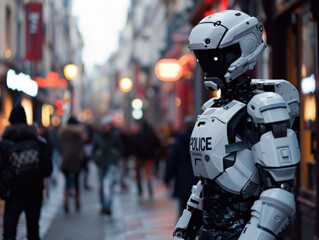 A futuristic humanoid police robot monitors a crowded city street, symbolizing advanced AI’s role in urban security and law enforcement