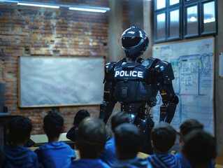 A futuristic police robot equipped with AI instructs students in a classroom, representing the integration of robotics into law enforcement and education.