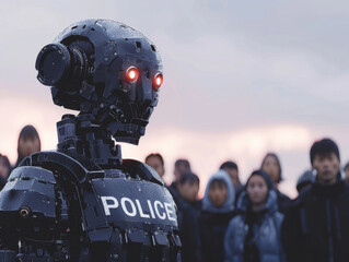 Futuristic AI Police Robot on Duty in a Demonstration with many People in the Street