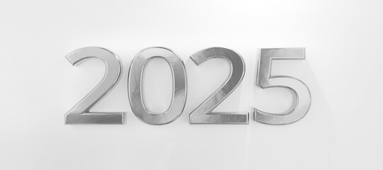 silver metallic structured color of the number 2025 as new year and year, isolated on light grey white background, bold font-weight