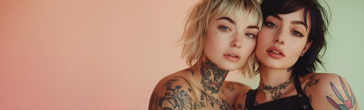 Portrait of two female friends with tattoos friendly hugging and  looking at the camera. Punk girls isolated on colored pastel background. Place for hero copy.