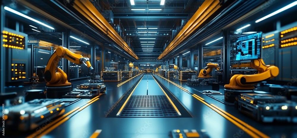 Aufkleber automated production line in a futuristic factory.