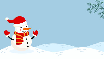 Cheerful snowman in a red hat and scarf enjoying a winter day in a snowy landscape