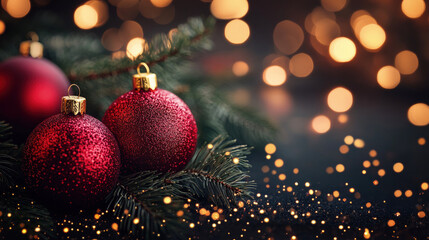 Fototapeta premium A festive Christmas scene with red ornaments hanging on a pine branch, adorned with shimmering glitter and surrounded by warm, twinkling lights. Postcard, festive background, copy space.