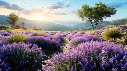 Fototapeta premium Lavender Field in Bloom, Capturing Natural Beauty and Fragrant Atmosphere 