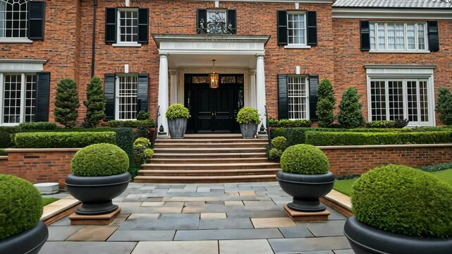 A brick house with a black front door and a stone walkway in front