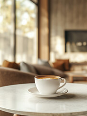 Modern Luxury Coffee Scene: Close-Up of Half-Filled Coffee Cup with Light Brown Milk Tea on Elegant Table, Minimalist Background and Soft Lighting