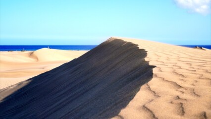 Huge golden sand dune with curves and shadows on the texture with the ocean in the background
