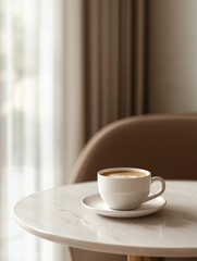 Modern Luxury Coffee Scene: Close-Up of Half-Filled Coffee Cup with Light Brown Milk Tea on Elegant Table, Minimalist Background and Soft Lighting