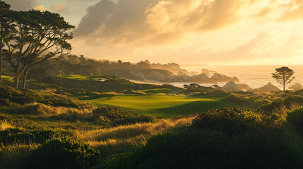 golden sunset over coastal golf course landscape