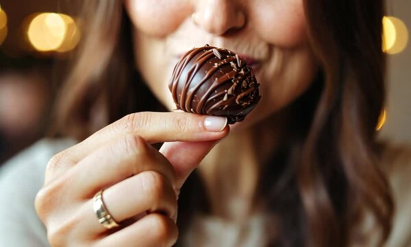 Closeup of a Woman's Hand Holding a Chocolate Truffle