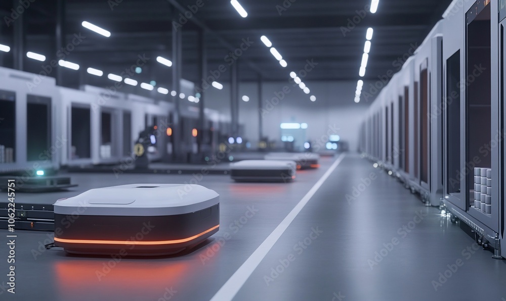Aufkleber Automated warehouse with robots moving along a white line on the floor,  a row of storage units in the background.