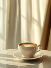 Modern Luxury Coffee Scene: Close-Up of Half-Filled Coffee Cup with Light Brown Milk Tea on Elegant Table, Minimalist Background and Soft Lighting