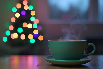 green steaming cup on a table with Christmas tree bokeh lights in the background creating a cozy holiday atmosphere

