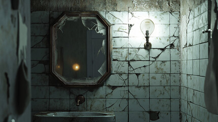 A haunted bathroom with old cracked tiles, a flickering lightbulb, and a mirror that seems to reflect more than just the room. 