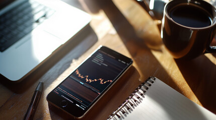 A person trading stocks using a smartphone and laptop, with a coffee cup, representing modern trading and financial analysis