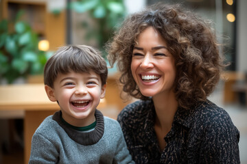 Fototapeta premium Joyful Mother and her young Son share heartfelt laugh in warm indoor space. Perfect for illustrating Family Bonds, Happiness, and Parent-Child moments in lifestyle imagery.