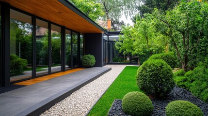 Fototapeta premium Scandinavian style garden with Pine, spruce, low-growing coniferous trees, in the closed courtyard of the house 