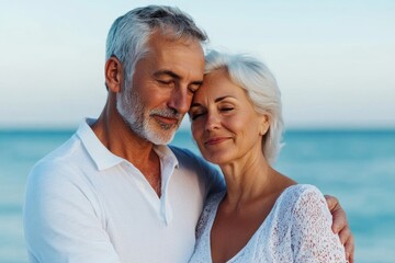 Obraz premium Senior couple in love at beach, elderly lifestyle; pastel palette 