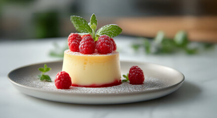 A creamy vanilla panna cotta garnished with fresh raspberries, mint leaves, and a dusting of powdered sugar on a plate, offering an elegant and refreshing dessert ideal for summer.
