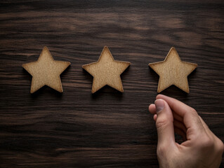 Carefully aligning wooden stars on a rustic wooden table representing achievement and progress
