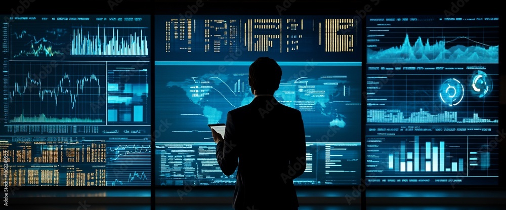 Fototapete businessperson standing in front of large screens displaying data and a world map.