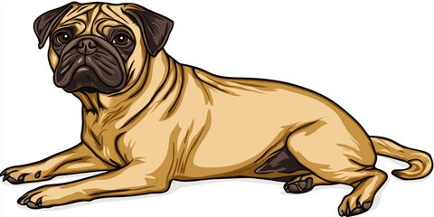 charming pug lies gracefully its wrinkled face and curled tail rendered minimalist style soft white background showcasing its playful nature and distinctive features.