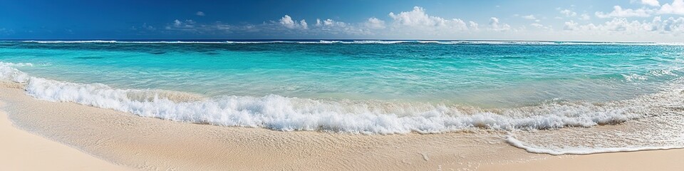 Obraz premium Panoramic tropical beach with turquoise water and clear sky