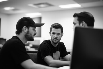 Three men engaged in discussion at a workspace during a collaborative session