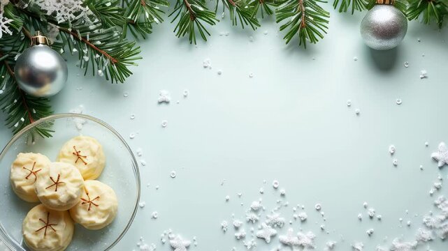 Festive arrangement with snowdusted pine and holiday treats on winter table