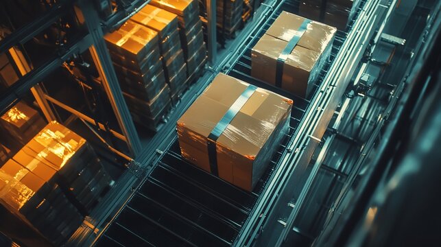 Cardboard boxes on a conveyor belt in a warehouse.