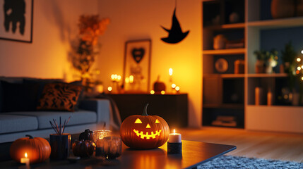 Fototapeta premium A minimalist Halloween living room with orange and black accents, eerie shadows cast from candle-lit pumpkins, and a witch hat hanging on the wall. 