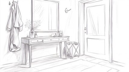 A minimalist sketch of a modern entryway with a large mirror, console table, and stylish coat hooks, creating an inviting space. 