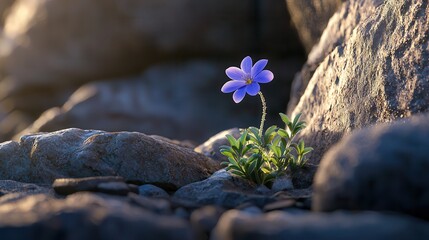 delicate wildflower blooming among rocky terrain, showcasing resilience