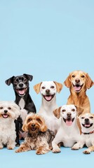 Fototapeta premium A diverse group of happy dogs, including a mix of breeds, sitting together against a bright blue background.